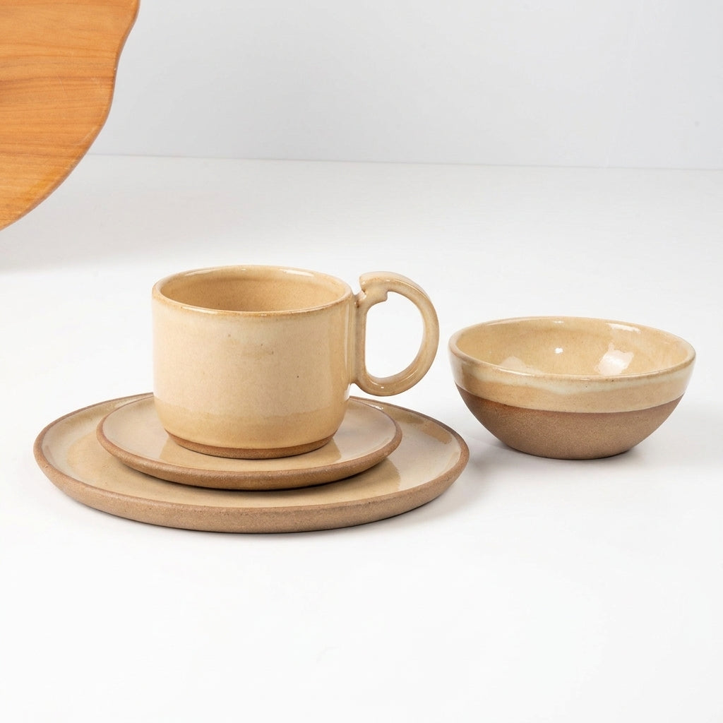 SET Café da manhã com bowl encontro em cerâmica artesanal — argila Cappuccino, esmalte Pedra Sabão
