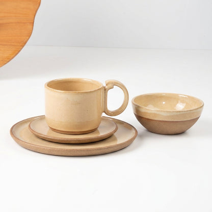 SET Café da manhã com bowl encontro em cerâmica artesanal — argila Cappuccino, esmalte Pedra Sabão
