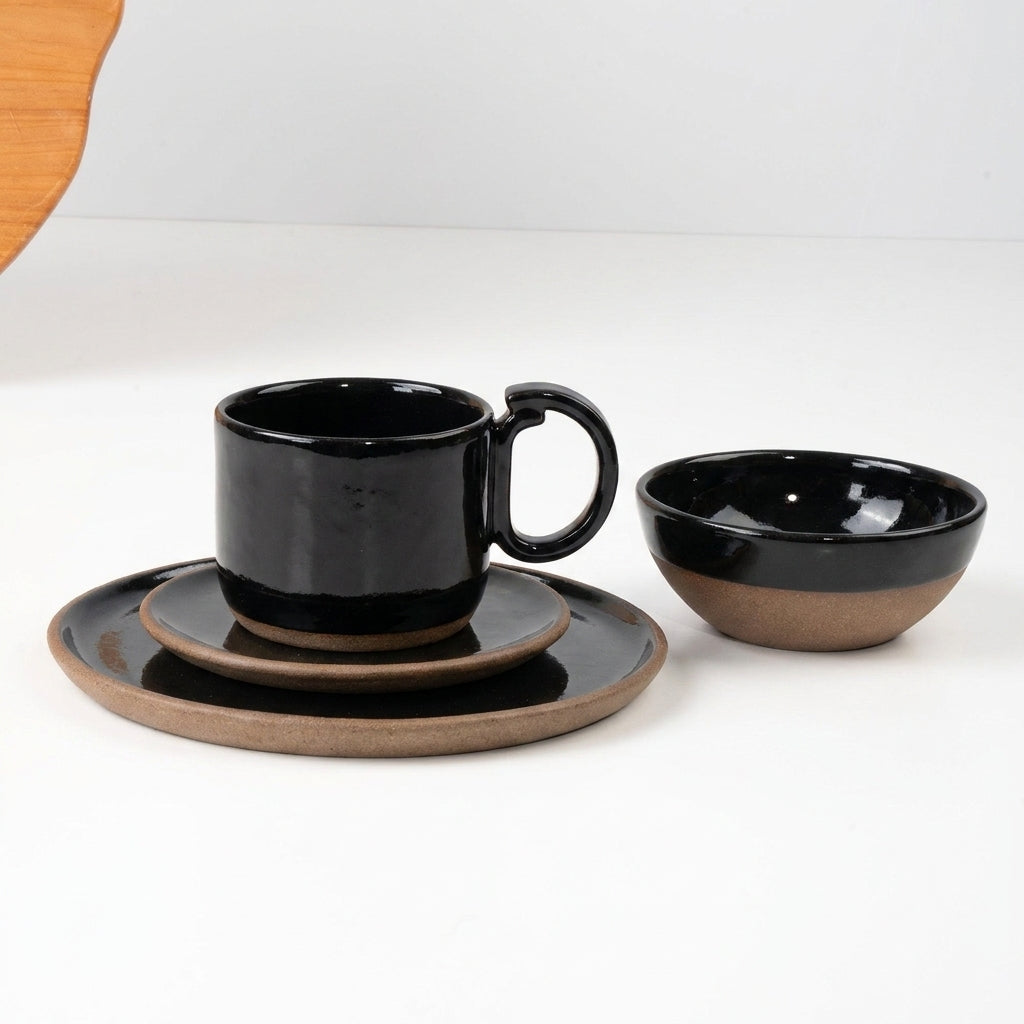 SET Café da manhã com bowl encontro em cerâmica artesanal — argila Cappuccino, esmalte Preto Ébano