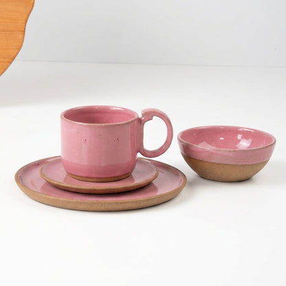 SET Café da manhã com bowl encontro em cerâmica artesanal — argila Cappuccino, esmalte Rosa Barbie