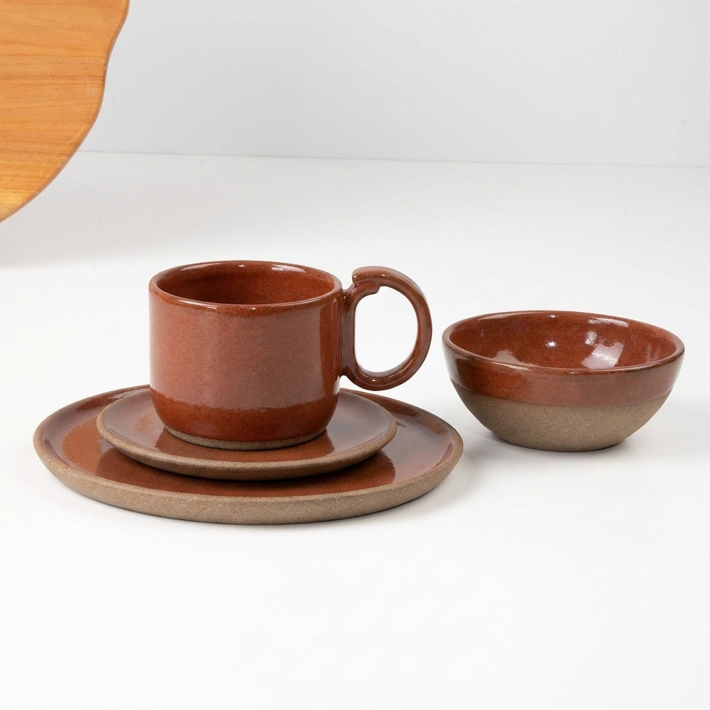 SET Café da manhã com bowl encontro em cerâmica artesanal — argila Cappuccino, esmalte Sol de Terracota