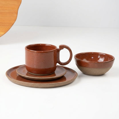 SET Café da manhã com bowl encontro em cerâmica artesanal — argila Cappuccino, esmalte Sol de Terracota