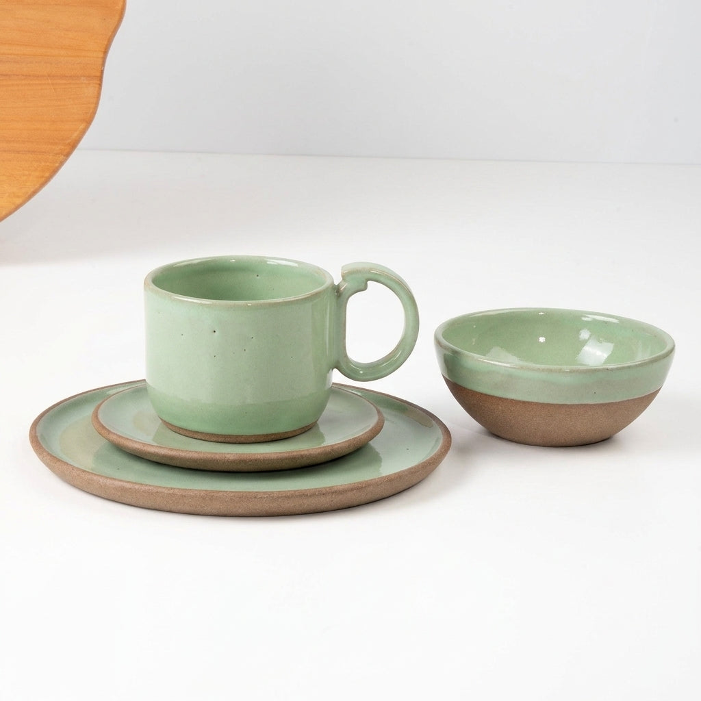 SET Café da manhã com bowl encontro em cerâmica artesanal — argila Cappuccino, esmalte Verde Menta