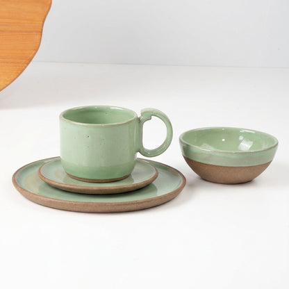 SET Café da manhã com bowl encontro em cerâmica artesanal — argila Cappuccino, esmalte Verde Menta