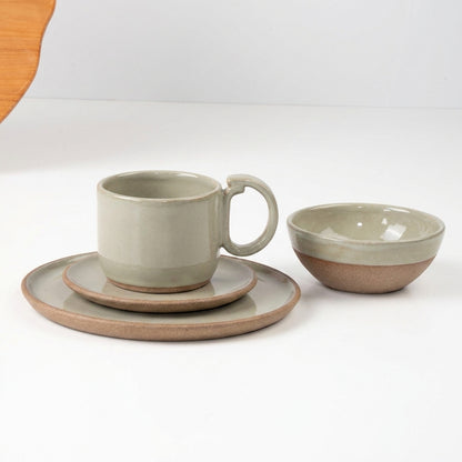 SET Café da manhã com bowl encontro em cerâmica artesanal — argila Cappuccino, esmalte Verde Pompeia