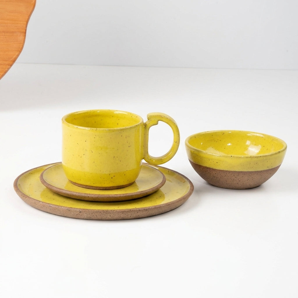 SET Café da manhã com bowl encontro em cerâmica artesanal — argila Flocos, esmalte Amarelo Intenso