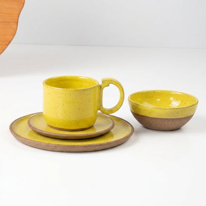 SET Café da manhã com bowl encontro em cerâmica artesanal — argila Flocos, esmalte Amarelo Intenso