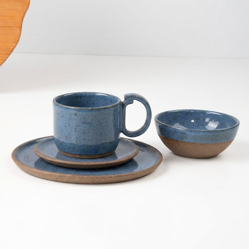 SET Café da manhã com bowl encontro em cerâmica artesanal — argila Flocos, esmalte Azul Safira