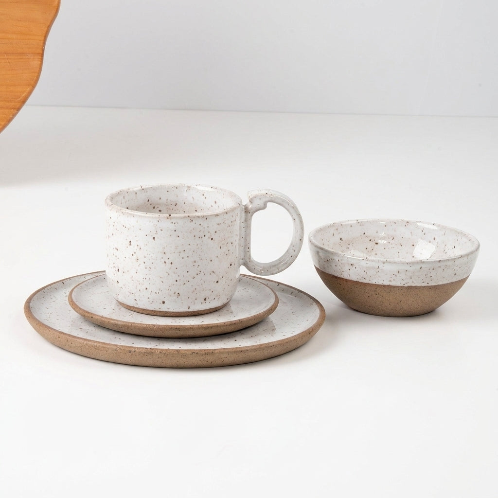 SET Café da manhã com bowl encontro em cerâmica artesanal — argila Flocos, esmalte Branco AMME