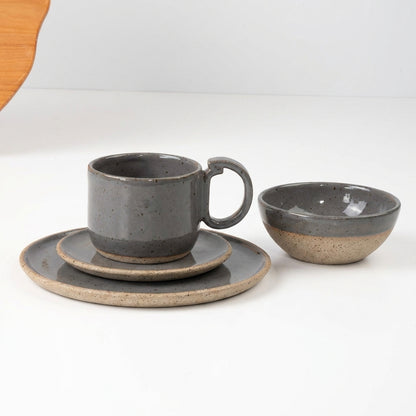 SET Café da manhã com bowl encontro em cerâmica artesanal — argila Flocos, esmalte Grafite