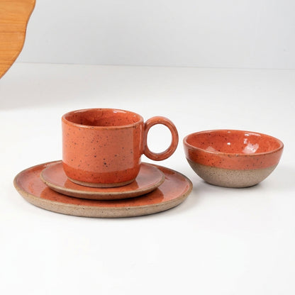 SET Café da manhã com bowl encontro em cerâmica artesanal — argila Flocos, esmalte Laranja Intenso