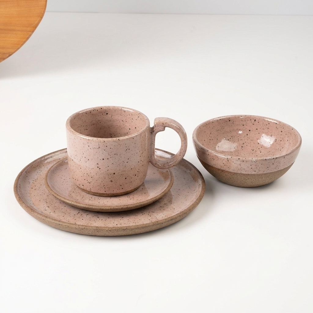 SET Café da manhã com bowl encontro em cerâmica artesanal — argila Flocos, esmalte Nude