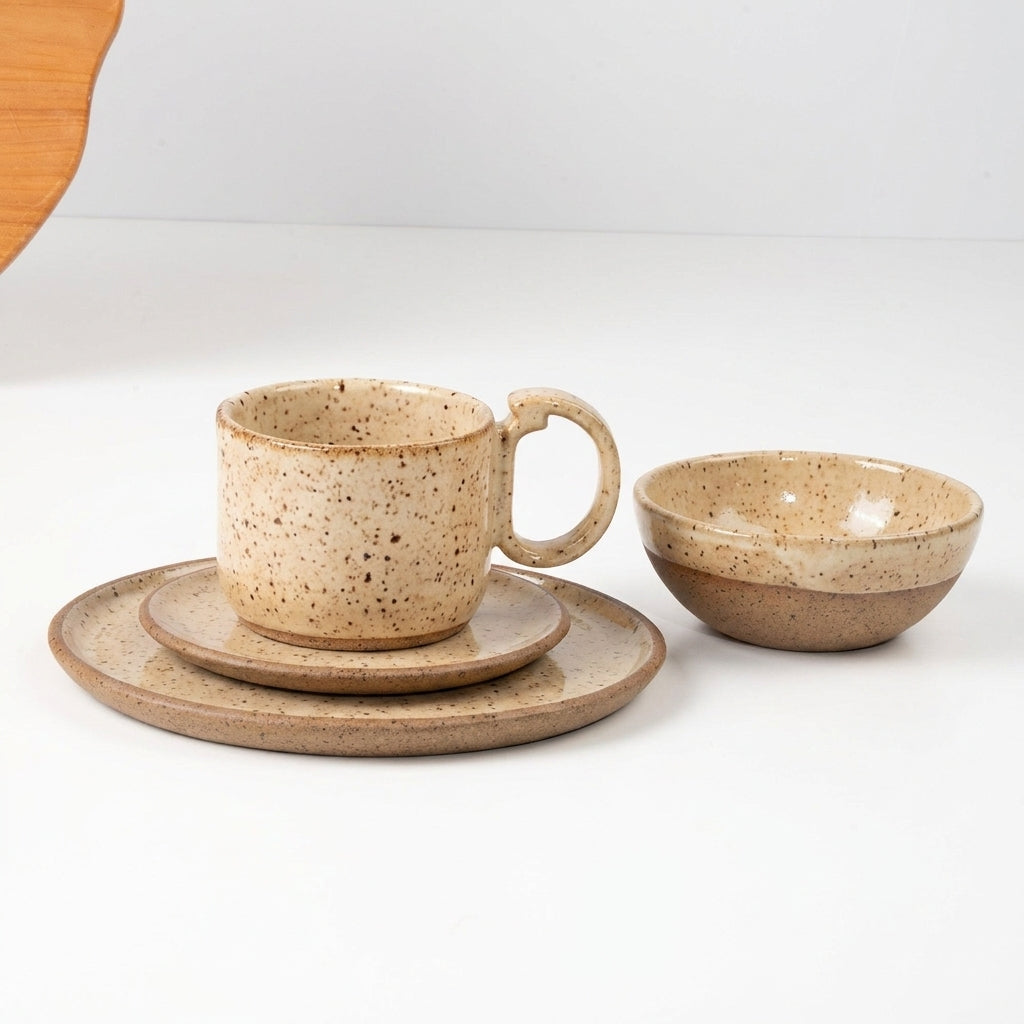 SET Café da manhã com bowl encontro em cerâmica artesanal — argila Flocos, esmalte Pedra Sabão