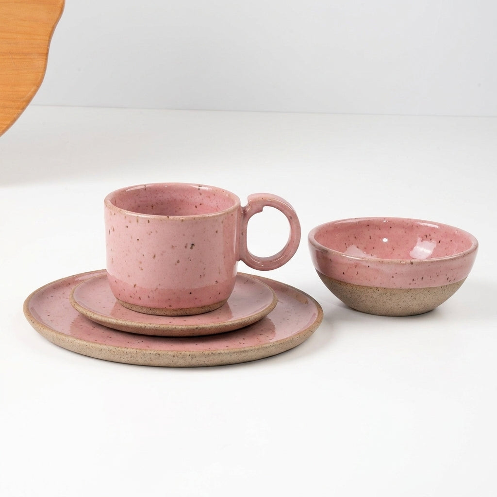 SET Café da manhã com bowl encontro em cerâmica artesanal — argila Flocos, esmalte Rosa Barbie