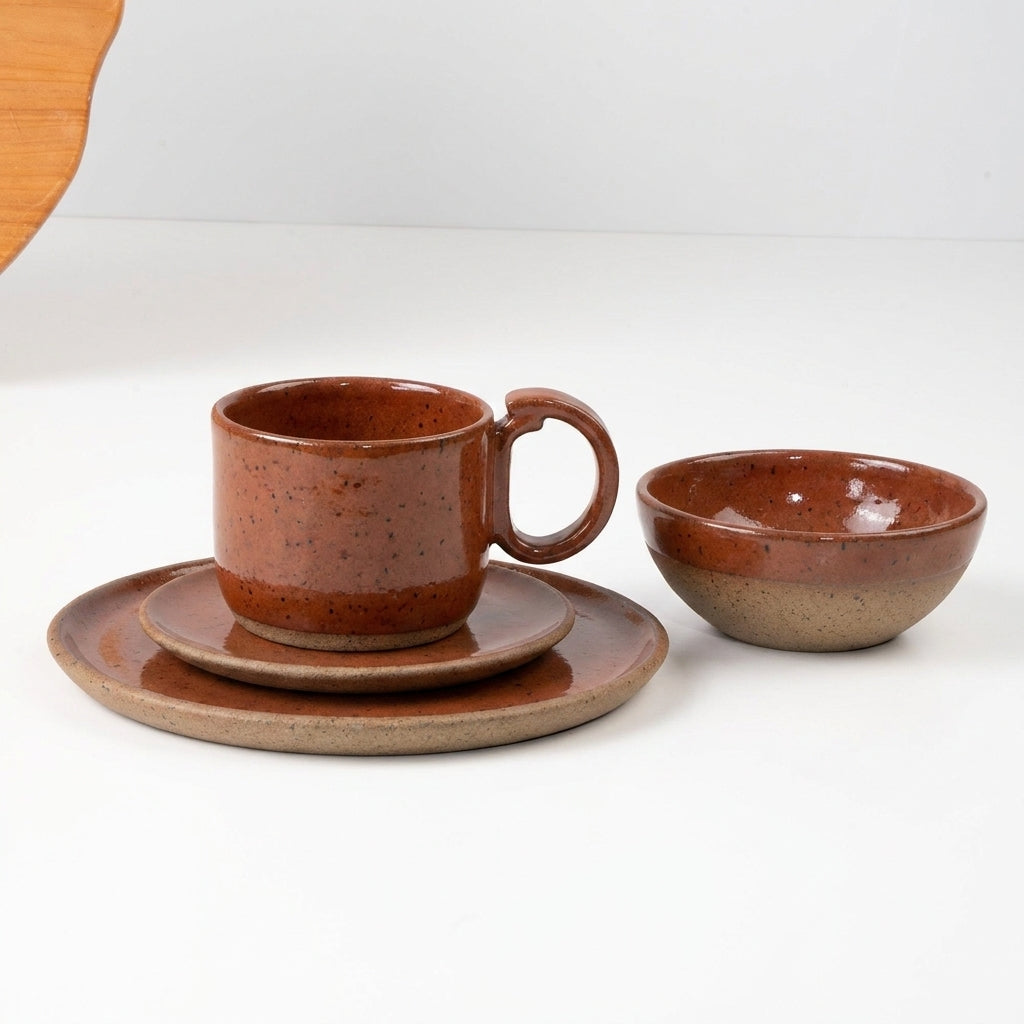 SET Café da manhã com bowl encontro em cerâmica artesanal — argila Flocos, esmalte Sol de Terracota
