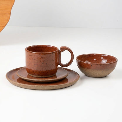 SET Café da manhã com bowl encontro em cerâmica artesanal — argila Flocos, esmalte Sol de Terracota