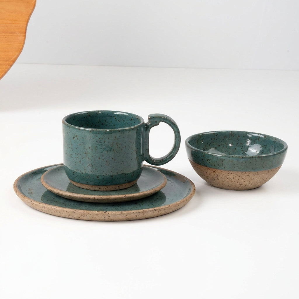 SET Café da manhã com bowl encontro em cerâmica artesanal — argila Flocos, esmalte Verde Exército