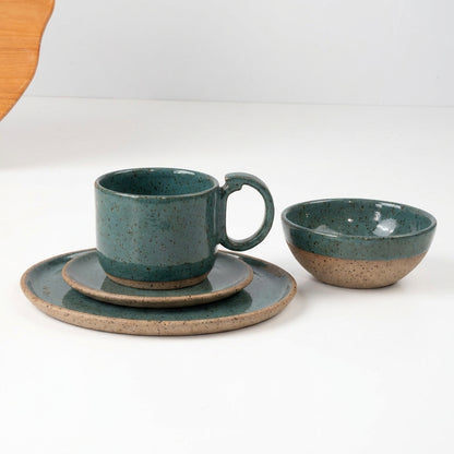 SET Café da manhã com bowl encontro em cerâmica artesanal — argila Flocos, esmalte Verde Exército