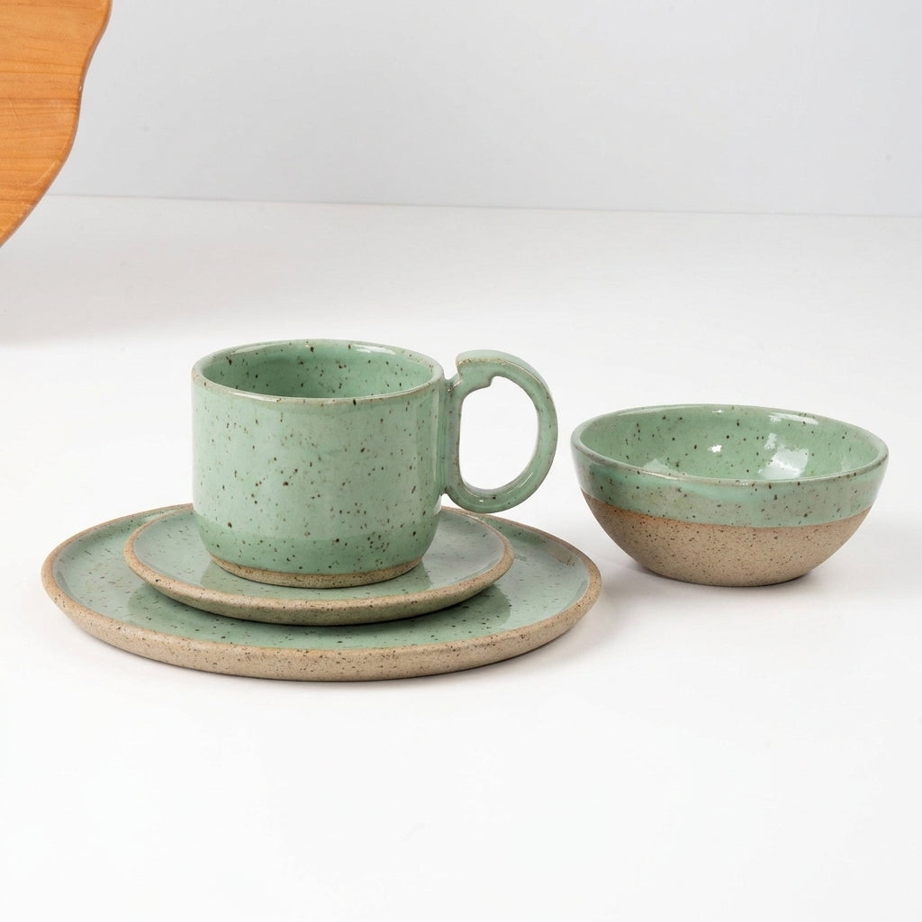 SET Café da manhã com bowl encontro em cerâmica artesanal — argila Flocos, esmalte Verde Menta