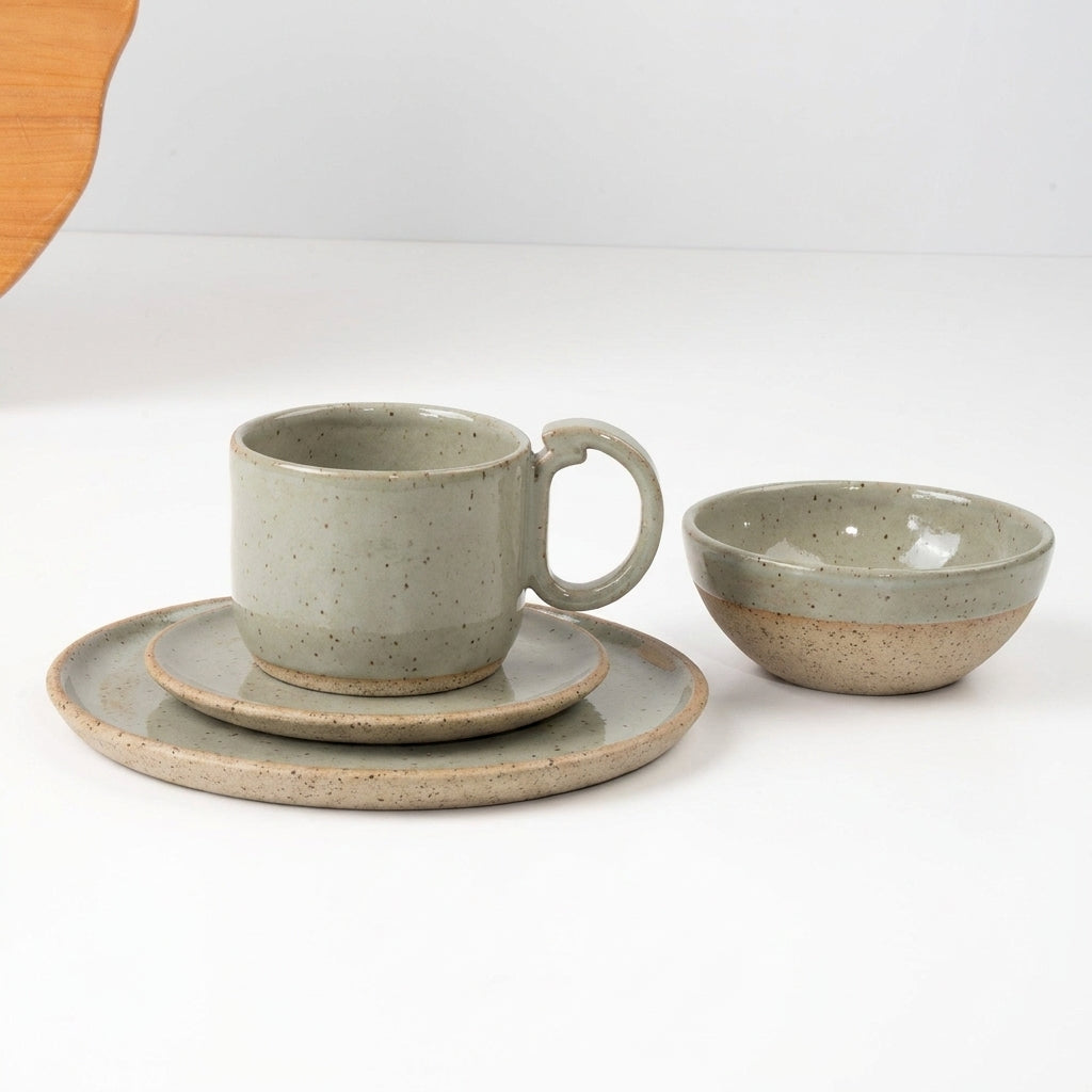 SET Café da manhã com bowl encontro em cerâmica artesanal — argila Flocos, esmalte Verde Pompeia