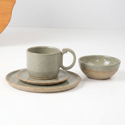 SET Café da manhã com bowl encontro em cerâmica artesanal — argila Flocos, esmalte Verde Pompeia