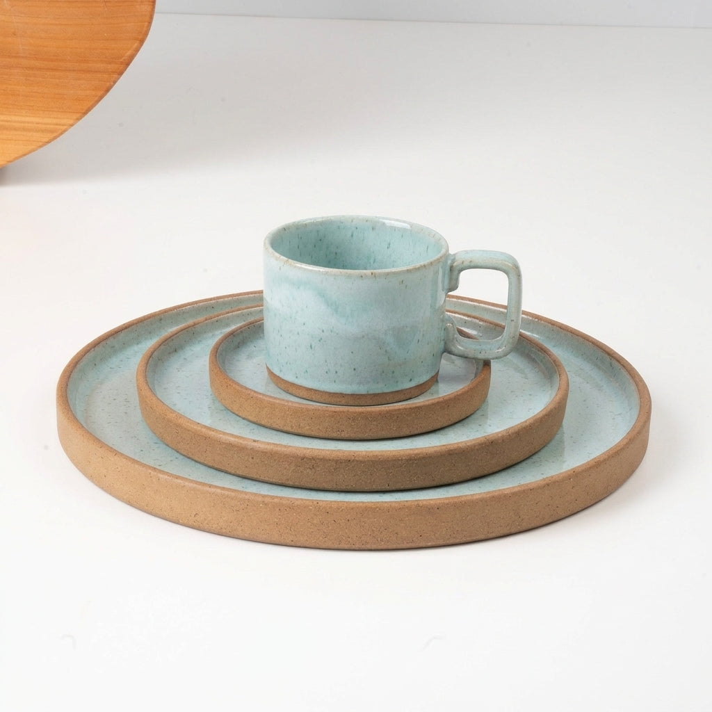 SET Refeição, sobremesa e café linha reta em cerâmica artesanal — argila Cappuccino, esmalte Jujuba