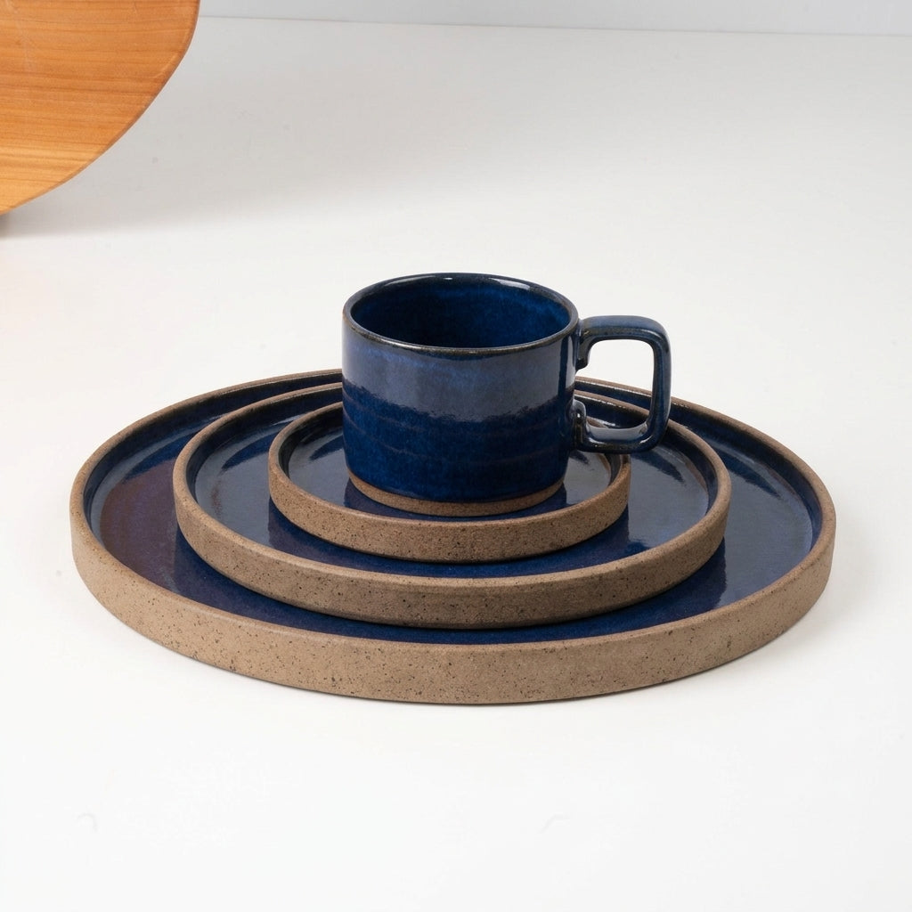 SET Refeição, sobremesa e café linha reta em cerâmica artesanal — argila Cappuccino, esmalte Lazuli