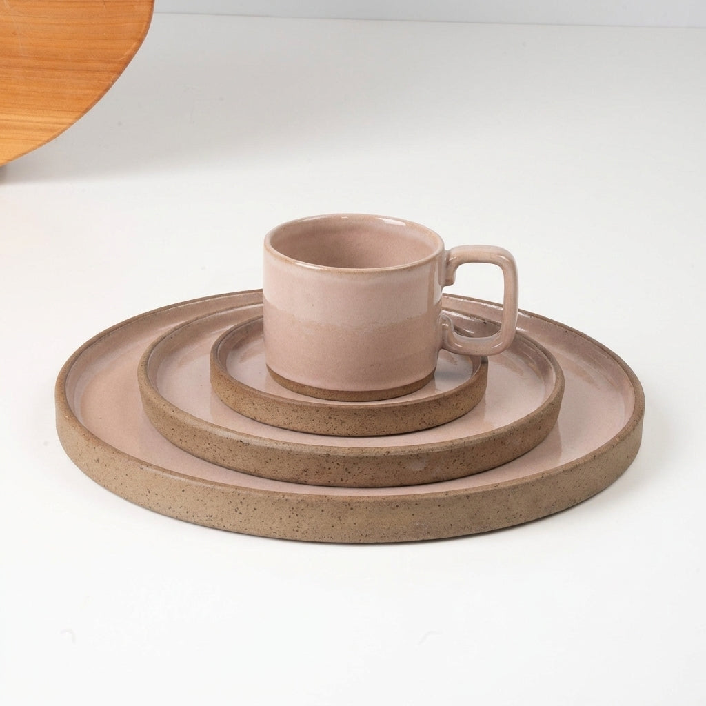SET Refeição, sobremesa e café linha reta em cerâmica artesanal — argila Cappuccino, esmalte Nude