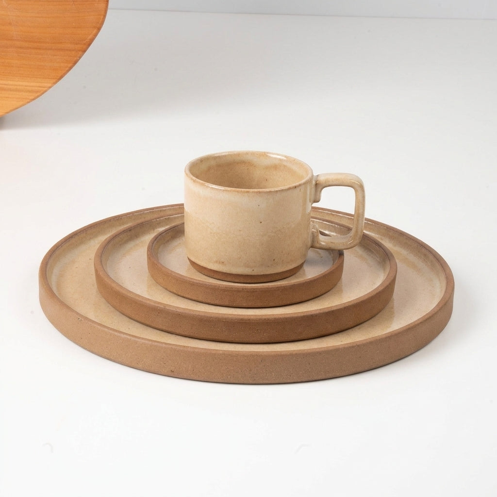 SET Refeição, sobremesa e café linha reta em cerâmica artesanal — argila Cappuccino, esmalte Pedra Sabão