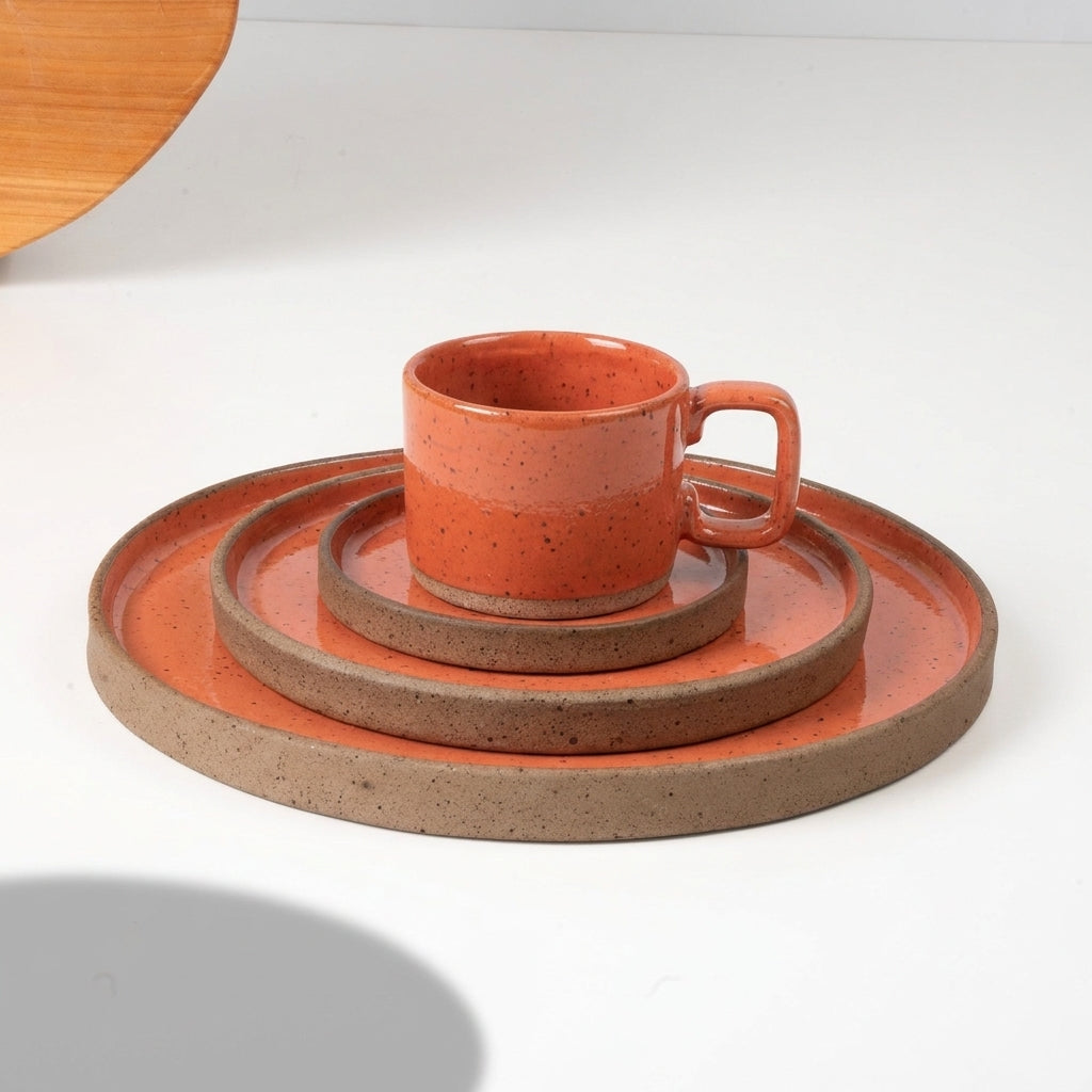 SET Refeição, sobremesa e café linha reta em cerâmica artesanal — argila Flocos, esmalte Laranja Intenso
