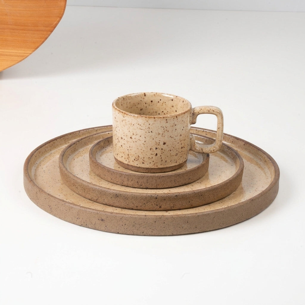 SET Refeição, sobremesa e café linha reta em cerâmica artesanal — argila Flocos, esmalte Pedra Sabão