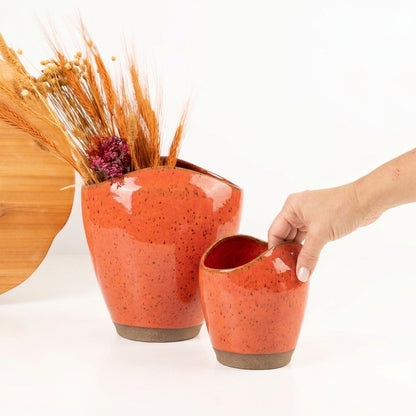 Vaso Fenda em cerâmica artesanal — tamanho KIT, argila Flocos, esmalte Laranja Intenso