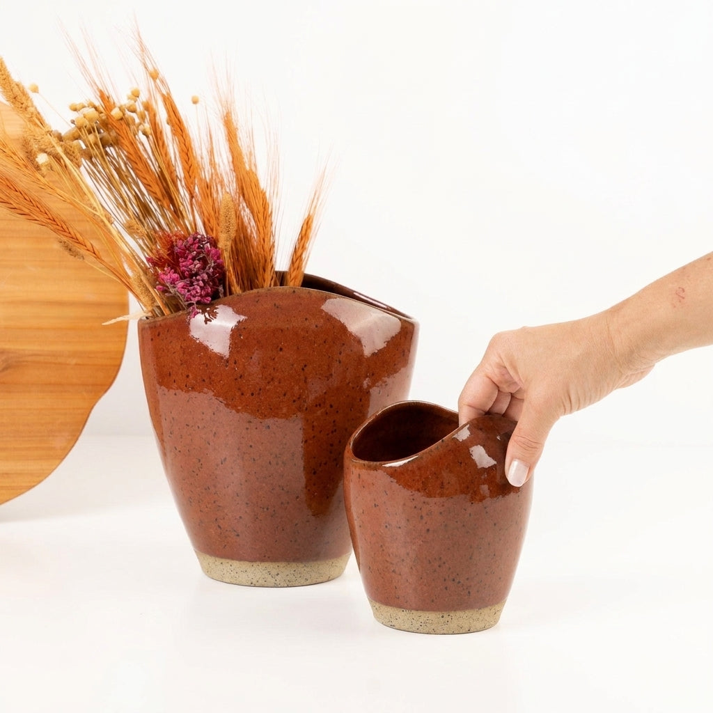Vaso Fenda em cerâmica artesanal — tamanho KIT, argila Flocos, esmalte Sol de Terracota